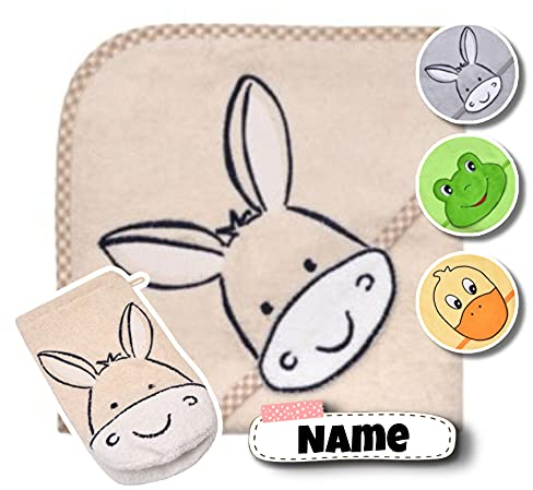 Baby Kapuzenhandtuch Set mit Waschlappen | Baby Handtuch 80 x 80 cm Kapuzenbadetuch | personalisiert mit Name | Baby Badetuch Bestickt mit Namen | Erstausstattung | Jungen Mädchen (Esel Natur)