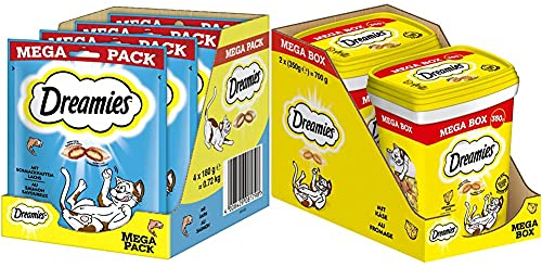 Dreamies Klassiker Katzensnacks mit Lachs – Katzenleckerli mit knuspriger Textur und cremiger Füllung – 4 x 180g & Mix Katzensnacks mit Käse-Geschmack – Außen knusprig & innen cremig – 2 x 350g