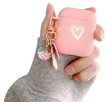 Fycyko Kompatibel mit AirPods 2 & 1, Herz Muster mit Niedlicher Glücksball Airpods Case mit Schlüsselanhänger Stoßfeste AirPods Schutzhülle für Mädchen Frau für Airpods 2 & 1-Rosa