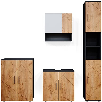 Vicco Badmöbel-Set Irma, Anthrazit/Eiche, 4 Teile, mit Hochschrank und Kommode
