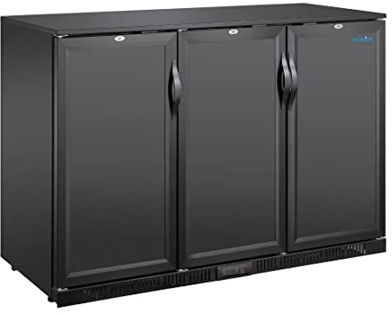 Polar Refrigeration G-series 280W Triple Door Back Bar Cooler Fridge 320 Litre, Black, 2°C to 8°C, 850(H)x1350(W)x520(D)mm, Solid Lockable Doors, 6 Shelves, Energy Rating B | GE999