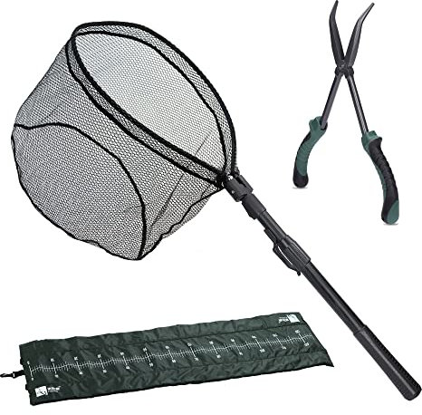 Zite Fishing Raubfisch Angelzubehör Set - Einhand-Kescher Gummiert - Fisch-Abhakmatte 130cm - Hakenlöser-Zange 28cm