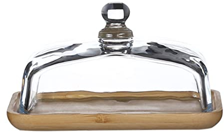 Bambus-Butterdose mit Glasdeckel, 18 x 12 x 10 cm, transparente Butterschale für Kühlschrank und Theke für Butter, Frischkäse und Servierschale (Bambus-Tablett)