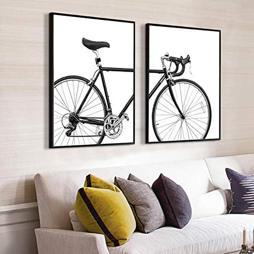 Minimalistische Wandkunst, Fahrrad, Fahrrad, Leinwand, Gemälde, schwarz-weiß, nordisch, skandinavisch, Poster, Bilder, Wohnkultur, 50 x 70 cm x 2, rahmenlos