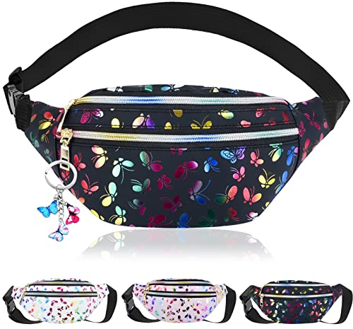 Sac Banane Holographique Femme, Sacoche Banane Ville Imperméable Cuir PU, Sac de Taille Réglable avec Pendentif Papillon Porte-clés pour Filles Voyage Randonnée Camping Les activités de Plein air