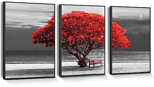 hyidecorart Rote Baum Bilder Mit Rahmen Schwarz, Bäume Natur Leinwand Bilder, 3 Teilig Wandbilder Wohnzimmer, Modern Glücksbaum Kunstdruck Wanddeko für Schlafzimmer Küche Esszimmer Büro (30CM×40CM×3)