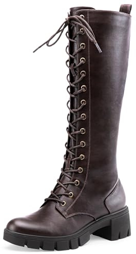 Jeossy Women's Whisky Combat Knee High Lace Platform Boots Size 8,9603