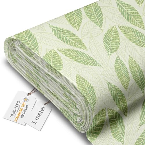 DreamRoots Markisenstoff Meterware, Light Green Leaves, 1 m | Oxford Segeltuch, wasserdicht, Polsterstoff, 220 g/m² 600D, 160 cm breit, wasserabweisend, für außen & Deko
