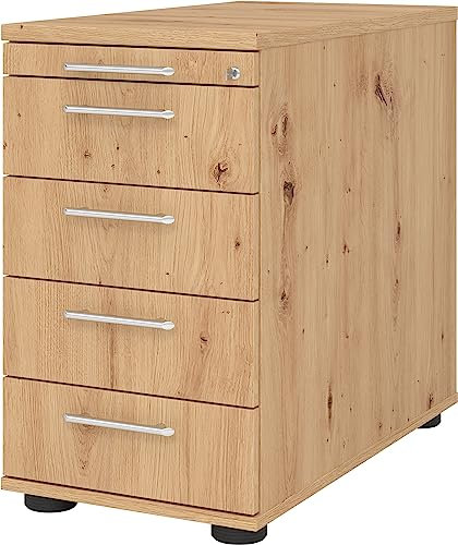 bümö Schreibtisch Schrank abschließbar, Schubladenschrank Holz in Asteiche, Container mit Schubladen - Schubladen Schrank Büro, Schreibtisch Container od. Schreibtisch Kommode mit Relinggriffe