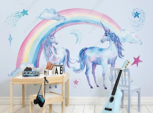 Papier Peint Panoramique Mignon Arc En Ciel Licorne Pégase Papier Peint 3D Intissé Decoration Murale Chambre Salon