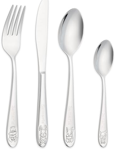 Personalised Engraved Childrens Kids 4 Piece Cutlery Set Featuring a Squirrel, Fox, Rabbit & Badger in Giftbox Perfect Christening Gift