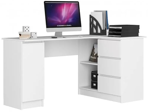 Happy Babies Computertisch Weiß Schreibtisch mit 3 Schubladen 2 Ablagen und einem Regalfach mit Tür Multifunktionaler Eck Schreibtisch B155 x H77 x T85