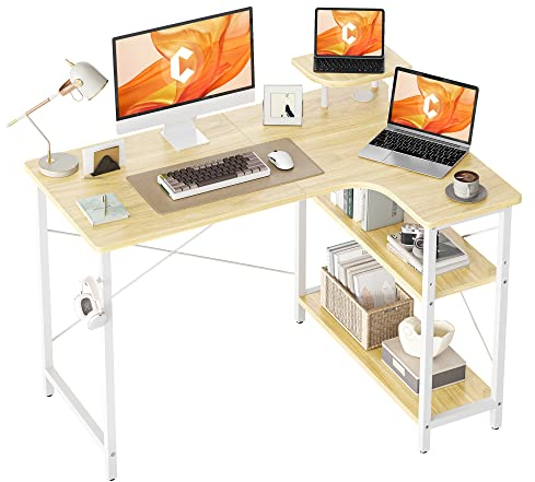 CubiCubi Computertisch mit Ablagefächern, Schreibtisch Kleiner L-förmiger Eckschreibtisch mit Regalen (Natürliche Farbe Richtig, 110 X 78 cm)