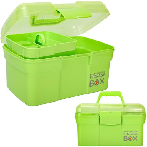 Creahaus 11in Multipurpose Storage Box with Removable Tray, Plastic Small Storage Box with Handle, Portable Art Craft Organizer Case for Sewing, Makeup, Medicine, Nail, Hair Accessories (Green)