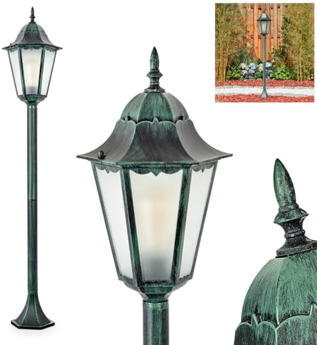 Außenwegeleuchte Hongkong, Wegeleuchte aus Metall/Glas in Schwarz-Grün/Milchglas, Außenleuchte in antikem Look, Höhe 120 cm, Gartenlampe, Gartenbeleuchtung IP44, 1 x E27, ohne Leuchtmittel