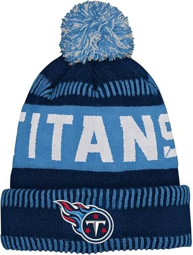 NFL Mütze für Kinder, Jugendliche 8–20, Einheitsgröße, Team-Farbe, Primär-Logo, offizielles Sport-Tech-Strick, kaltes Wetter, Fußball-Bommelmütze, Tennessee Titans, Einheitsgröße