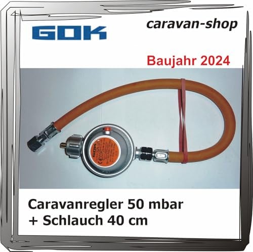 Druckregler 50 mbar, 1,5 kg/h für Caravan/Wohnmobil + Schlauch 40 cm GOK, Gas Wohnwagen