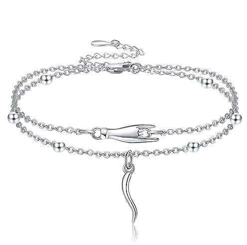 JERWLI Italienisches Horn und hand geschichtetes Fußkettchen 925 Sterling Silber Cornicello und Mano Cornuto Glück Schutz Amulett Anhänger Schmuck für Frauen Mädchen