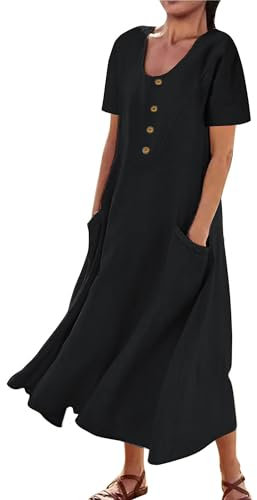 AUDATE Women's Plus Size Short Sleeve Casual Cotton Linen Long Dress Crewneck Solid Button Maxi Dress Summer Beach Dress Black L
