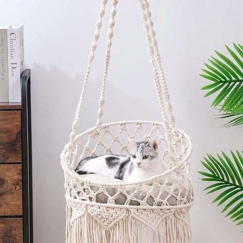 GaNkas Hängendes Katzenbett aus Makramee, hängendes Katzenbett, Hängematte, Katzenschaukel, Boho-Katzenschaukelbett for Schlafen, Spielen, Klettern und Faulenzen