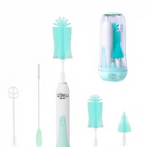 Travel Electric Baby Bottle Brush Set with Electric Bottle Cleaner and Water Bottle Brush and Nipple/Straw Brush,Milk Frother and Drying Rack(Green)