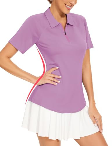 Soneven Polo da golf da donna, a maniche corte, sportiva, da donna, estiva, traspirante, per fitness, tennis, equitazione, Lilla, XL