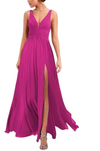 KURFACE WSX492 - Vestido de fiesta de boda con cuello en V para mujer, plisado, de gasa, formal, para invitados de boda, fucsia, 34