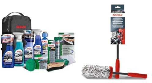 SONAX Innenraum+Scheibe-Set mit Tasche (11-teilig) zur Reinigung aller Flächen & Microfaser FelgenBürste (1 Stück)