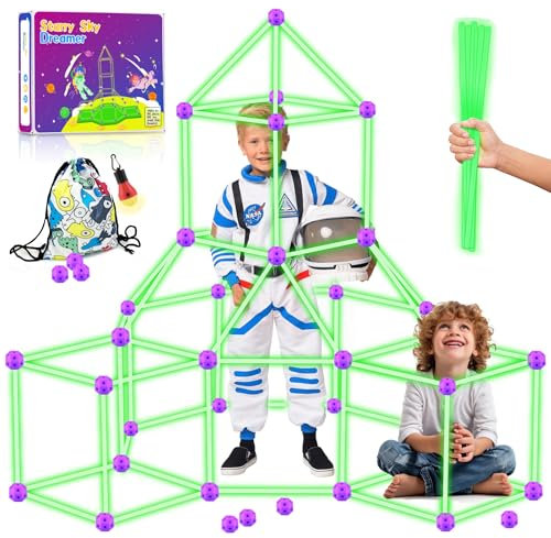 BERYLED 100 Pcs Kit construccion - Regalo Niños de 3 a 13 años, Brilla en la Oscuridad, Fuerte Castillos Tuneles Creativos, Tienda De Juegos y De Campaña Interiores y Exteriores, Fortaleza Bricolaje