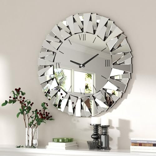 Artloge Wanduhr Silber Groß Deko Spiegel Wohnzimmer Uhren 80×80 cm, Wanduhren mit Römische Ziffern Lautlos Küchenuhren Dekor Wanduhr für Wohnzimmer Küche Schlafzimmer