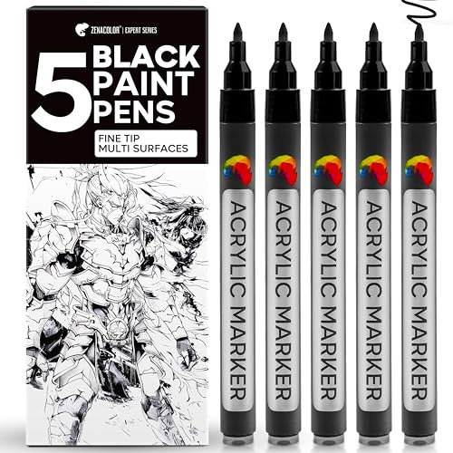 Zenacolor 5 Schwarze Farbstifte - Feine Spitze für Präzision - Schwarzer Farbstift Ideal für Felsmalerei, Leinwand, Holz, Glas