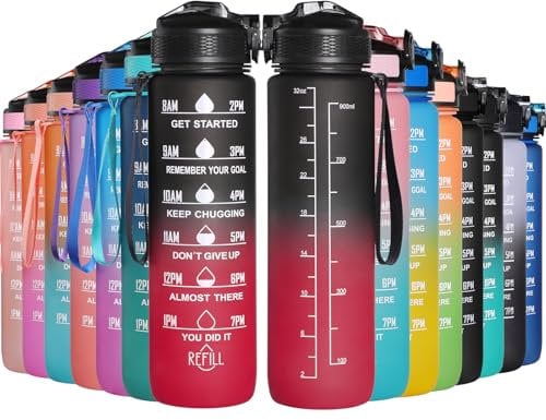 GeeRic Bouteille d'eau de Sport 1000 ml avec échelle et Marqueur de Temps, Grande Bouteille d'eau étanche pour la Salle de Sport en Plein Air, Noir et rouge