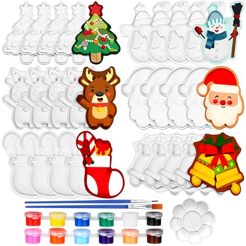 30 Pcs Christmas Ceramics to Paint Kits Paint Your Own Figurines Unpainted DIY Ceramic Christmas Ornament Crafts Snowman Xmas Tree Gingerbread Man 3D Ready to Paint Ceramics for Adults Kids Xmas Gifts