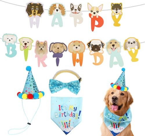 Jeffdad Hund Geburtstag Party Set - Banner, Hut, Bandana, Fliege, Geburtstagsmütze - Geburtstagsfeier Dekoration Zubehör (Blau)