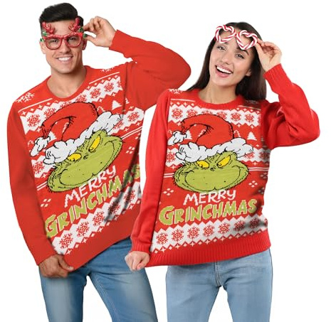The Grinch Pullover de Noël unisexe - Merry Grinchmas Pullover d'hiver tricoté Sweat-shirt Ugly Christmas Sweater pour hommes & femmes Rouge (DE/NL/SE/PL, Alphanumérique, M, Regular, Rouge)