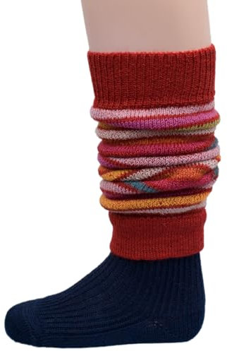 Hirsch Natur | Kinder Beinstulpen dick | One Size 6-12 Jahre | 100% Wolle (kbT) | Rot geringelt