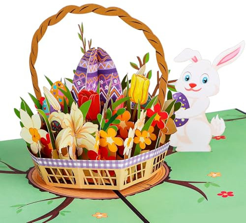 Osterkarten, Osterkarten mit Umschlag, Karte Ostern, Frohe Ostern Karte, Pop Up Karte Ostern, Happy Easter Card mit Umschlag, Osterkarten 3D mit Hasen, Osterei und Blumenmuster (B)