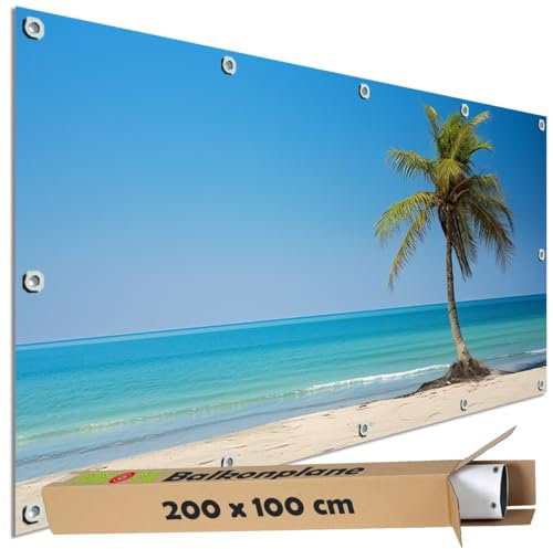 TRIOSK Sichtschutz Balkon Deko Plane Balkonblende Blickdicht mit Motiv Strand Meer Karibik Palme für Garten Terrasse Gartenzaun Balkonverkleidung Blickschutz PVC groß 200x100 cm