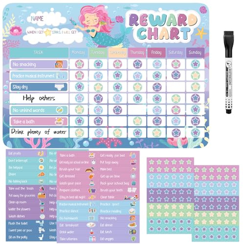 Magnetic Reward Chart for Kids, with 52 Behaviour Stickers, Mermaid | Behaviour Charts with 120 Star Stickers and 1 Marker, Reusable Wipe-clean Surface, for Good Habits, Routine, Potty Training