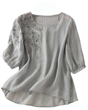 Boho Tops for Women UK Linen Shirt Women Summer Embroidery Linen Tunic Tops Retro Jacquard Short Sleeve Boho Blouse Casual Loose Fit Flowy Hem Tee Lightning Deals of The Day Today Sale