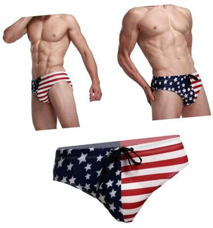 IMIKEYA Costume da Bagno Slip Uomo Stampa Bandiera Americana, Tessuto Poliestere Traspirante e Confortevole, Design Raffinato per Nuoto e Surf Blu Misura M