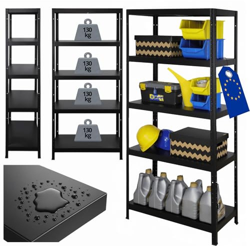 MODO24 Schwerlastregal Metall Elara, 180x80x40 cm, Schwarz, 5 Böden je 130 kg Traglast, Lagerregal Stecksystem ohne Schrauben, Steckregal Werkstattregal Kellerregal Garagenregal für Lager Küche Büro