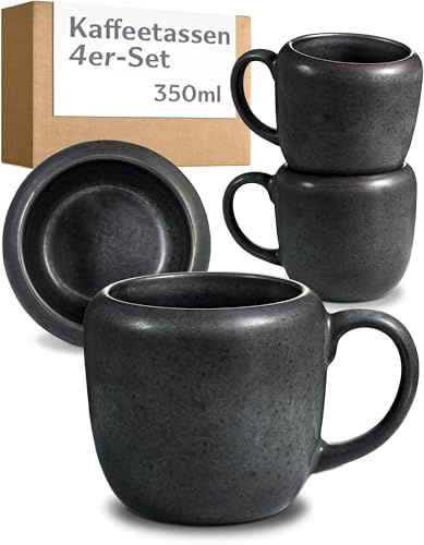 Cosumy 4er Kaffeetassen Set Schwarz – 350 ml Kaffeebecher – Dickwandiges Steingut Geschirr, das Lange Warm Hält – Elegante Kaffeetasse mit Handglasierter Oberfläche - Keramik Tassen Set