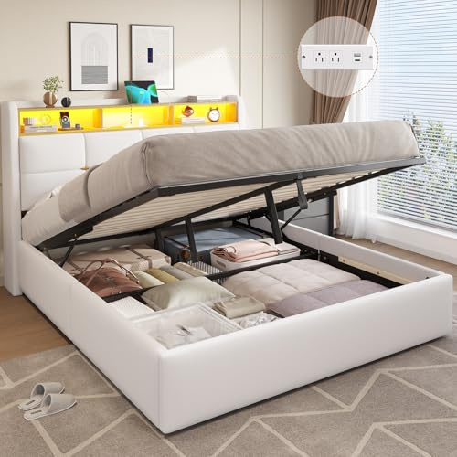 DICTAC King Size Bed Frame with Hydraulic Storage,Charging Station and Led Lights Upholstered Ottoman Bed King Size with Headboard,5ft Ottoman King Storage Beds,Wood Slats,White-150x200-No Mattress
