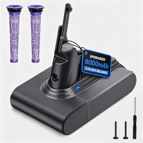 Waitley Batteria per Dyson V7 SV11 6000mAh con 2 Filtri e Cacciavite | Batteria Li-ion di ricambio per Dyson V7/SV11 con 6000mAh, compatibile con Absolute, Animal, Fluffy e Motorhead