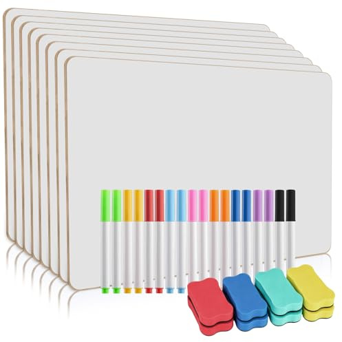 LONGERSIZHAN 8 Stück Whiteboard A4 klein, mini whiteboard, doppelseitig | Tragbares Whiteboard A4 für Zuhause, Büro und Klassenzimmer. Inklusive 18 Stifte und 8 Schwämme