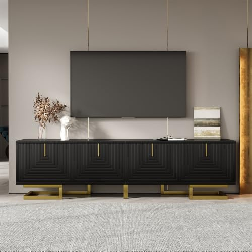 Merax 160cm TV Stand Cabinet, Black TV Unit with Textured Doors, Golden Handles & Legs, Modern TV Table with Hidden Storage and Adjustable Feet