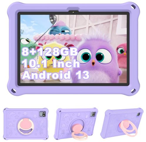 YOBWOK Tablet Bambini 10.1 Pollici, Android 13 Educativo per Bambini 8GB RAM 128GB Rom,Controllo Parentale,6000mAh,WiFi FHD 1280x800 per Tablet PC 3 a 6 Anni con Custodia,Viola