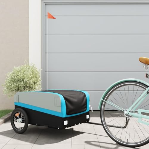 Runheo Fahrradanhänger Schwarz Blau aus Eisen 45 kg Tragkraft Klappbar mit Sicherheitsflagge und Kupplung für Lasten, Kinder, Hunde Transport beim Einkaufen, Outdoor Tour, Radsport und Alltag