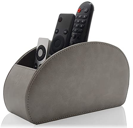 Remote Control Holder with 5 Compartments, Grey PU Leather Office Organization Storage Caddy Box for TV Remote, Heater Controllers, Media Player, Office Supplies, Makeup Brushes CEG10